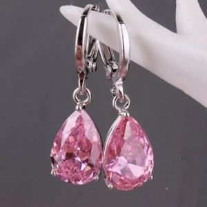 CZ DROP EARRINGS HUGGIE HOOP PINK CZ DROP EARRINGS SEMI FORMAL
